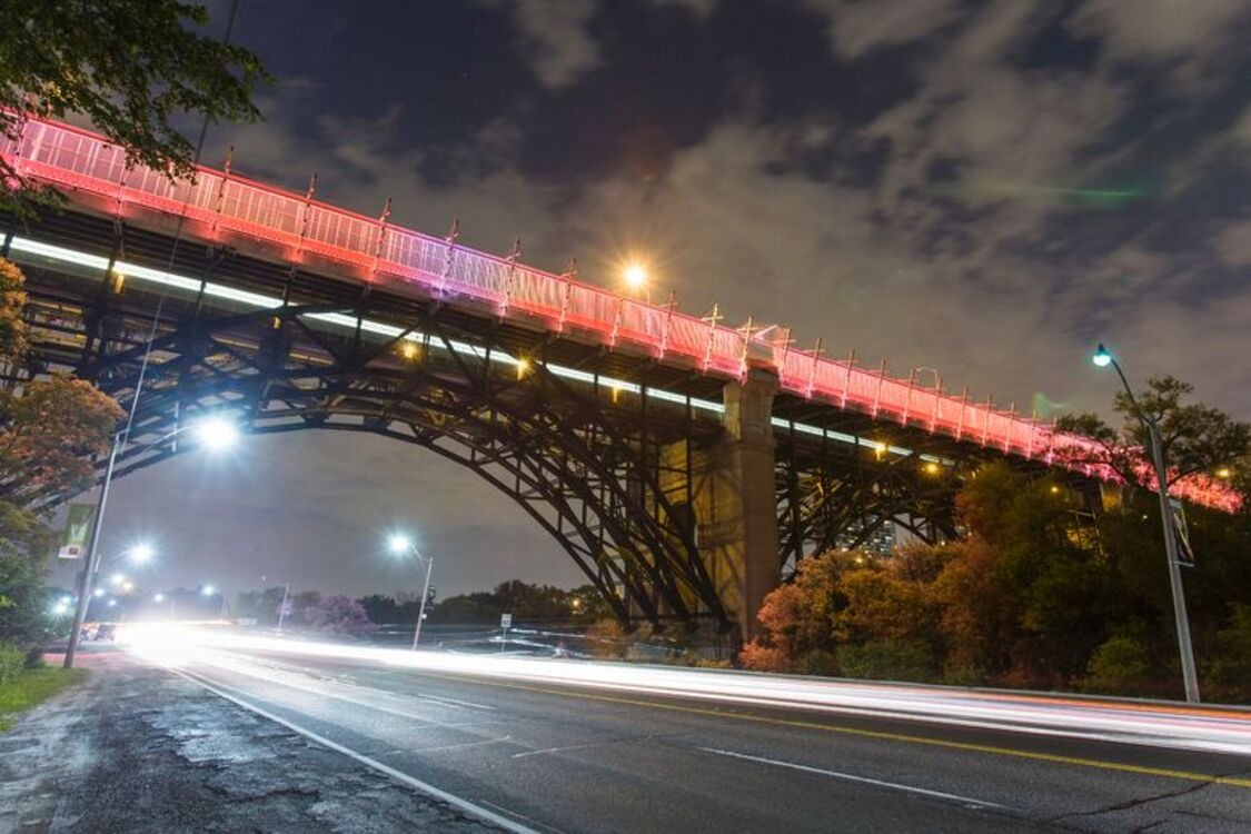 The Luminous Veil lit up on the Prince Edward Viaduct at night